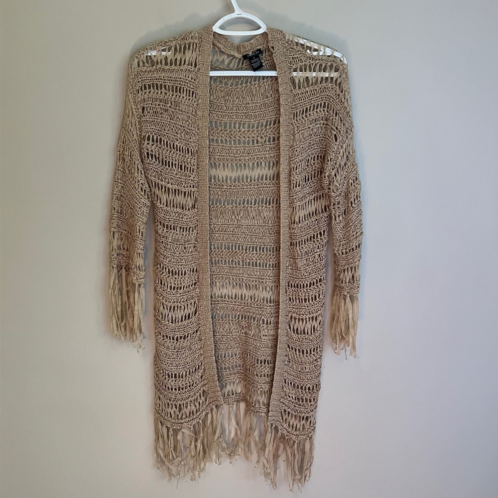 Rue21 Tan Open Knit Crochet Fringe Cardigan Longline Boho Festival Sweater Med